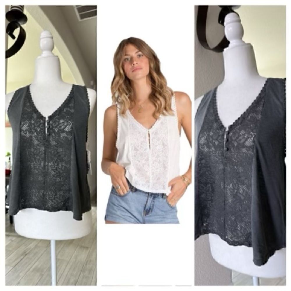 NWT BillaBong  Gray Tank Racerback Lace Flowy Lose Fit S Aztec Boho Sheer